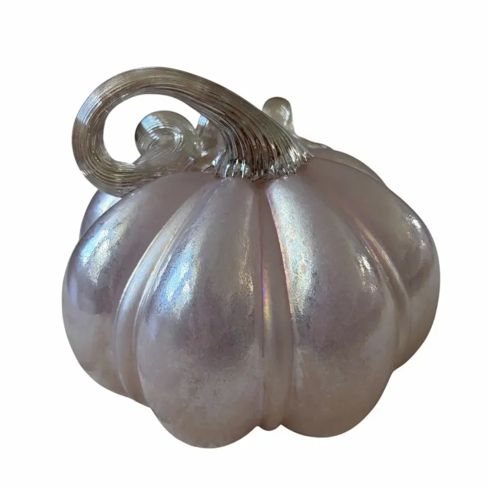Hand Blown Art Glass Pumpkin 6in Iridescent Pink Chic Fall Designer Decor NEW